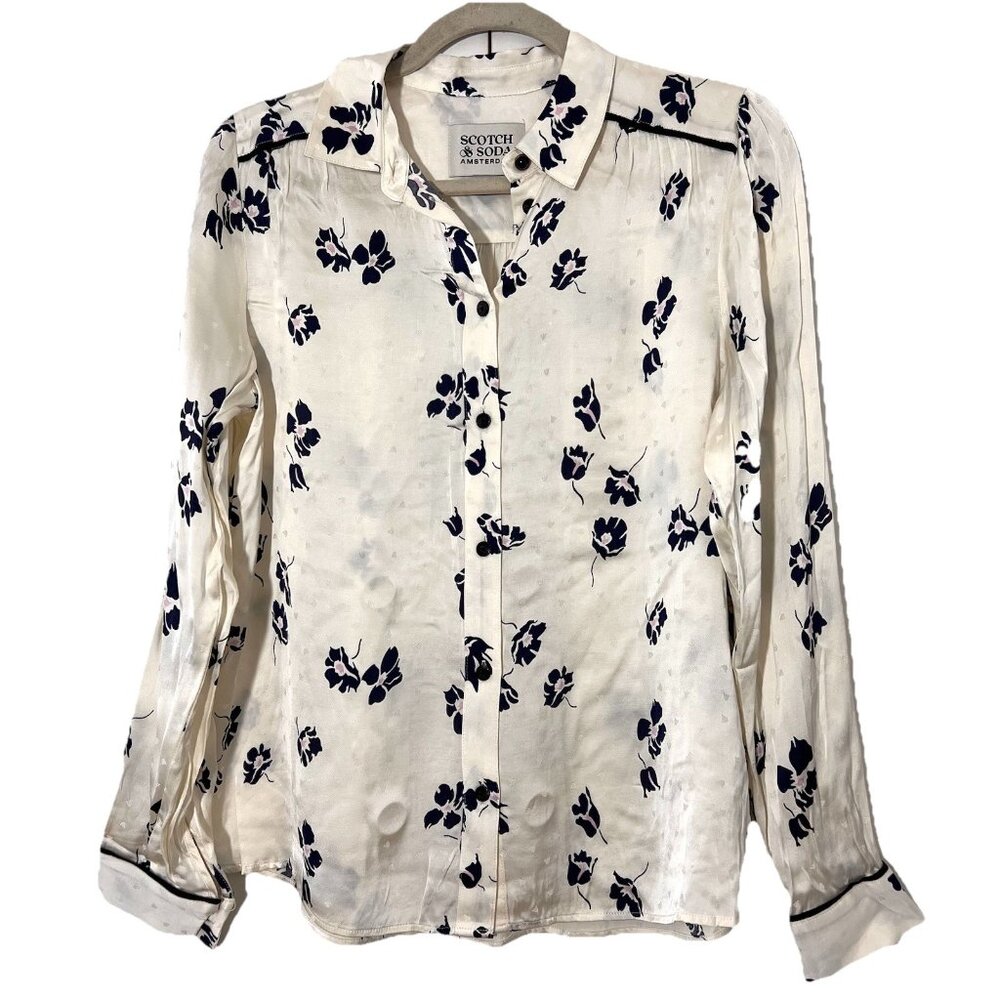 Scotch & Soda Button Up Blouse Womens 36 White Floral Long Sleeve Satin Office